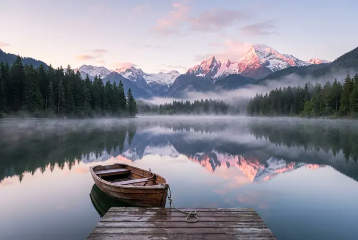 A misty alpine lake at sunrise with a rowboat at a wooden dock and pink light on snowy peaks reflected in the water