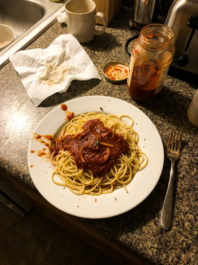 A phone photo of a plate of spaghetti on a kitchen counter under yellow light (made with the model)