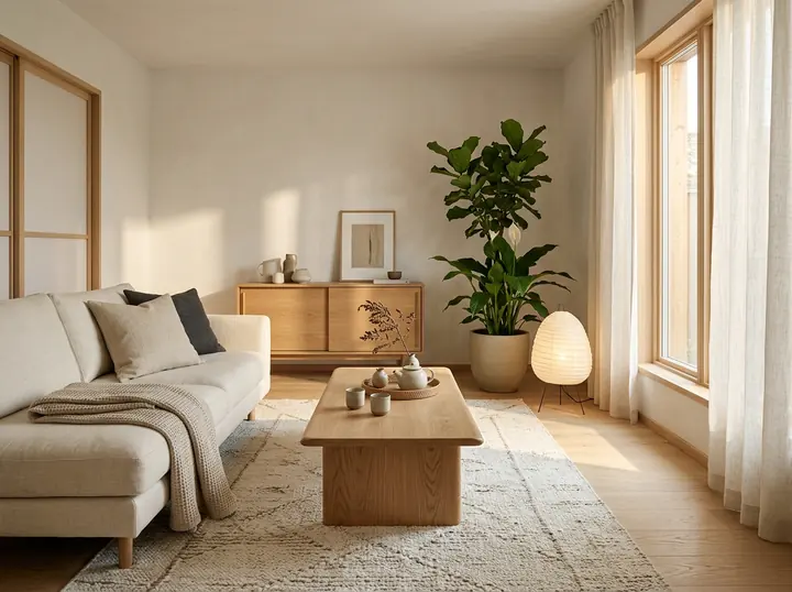 A small Japandi living room with a cream linen sofa, a low oak coffee table, a paper floor lamp and a tall plant by a sunny window