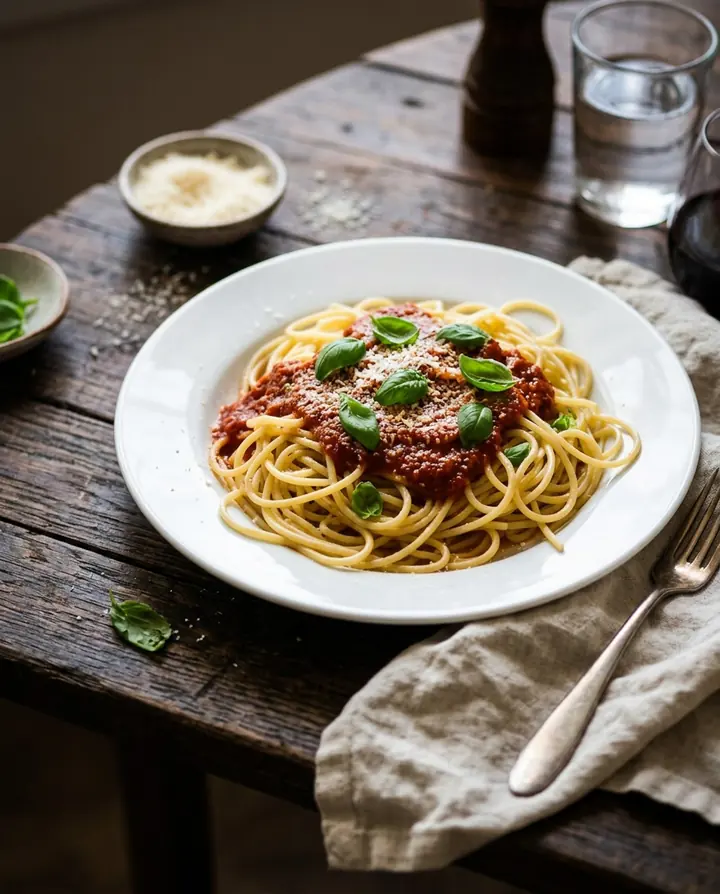 The same plate of spaghetti on a dark wooden table with basil, parmesan and a linen napkin in soft side light