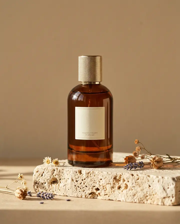 An amber perfume bottle with a gold cap on a travertine block, dried flowers beside it, on a warm beige background