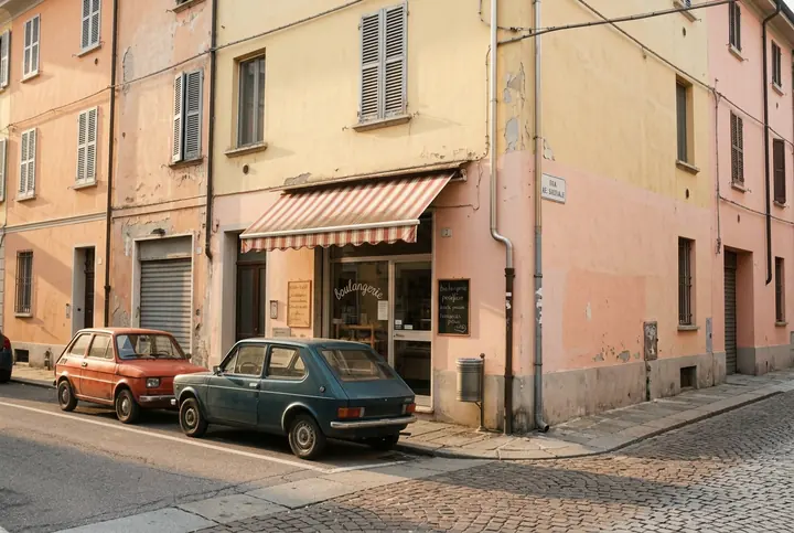 The same street corner in warm afternoon light with two 1970s cars parked where the scooters were