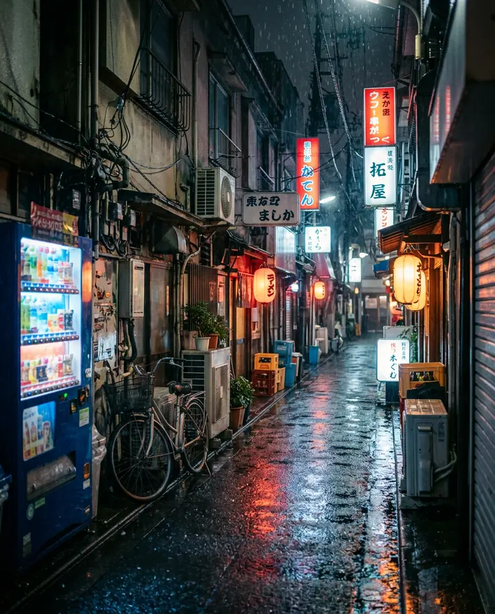 A narrow Tokyo alley at night in the rain with neon signs, paper lanterns, a vending machine and a bicycle on the wet pavement