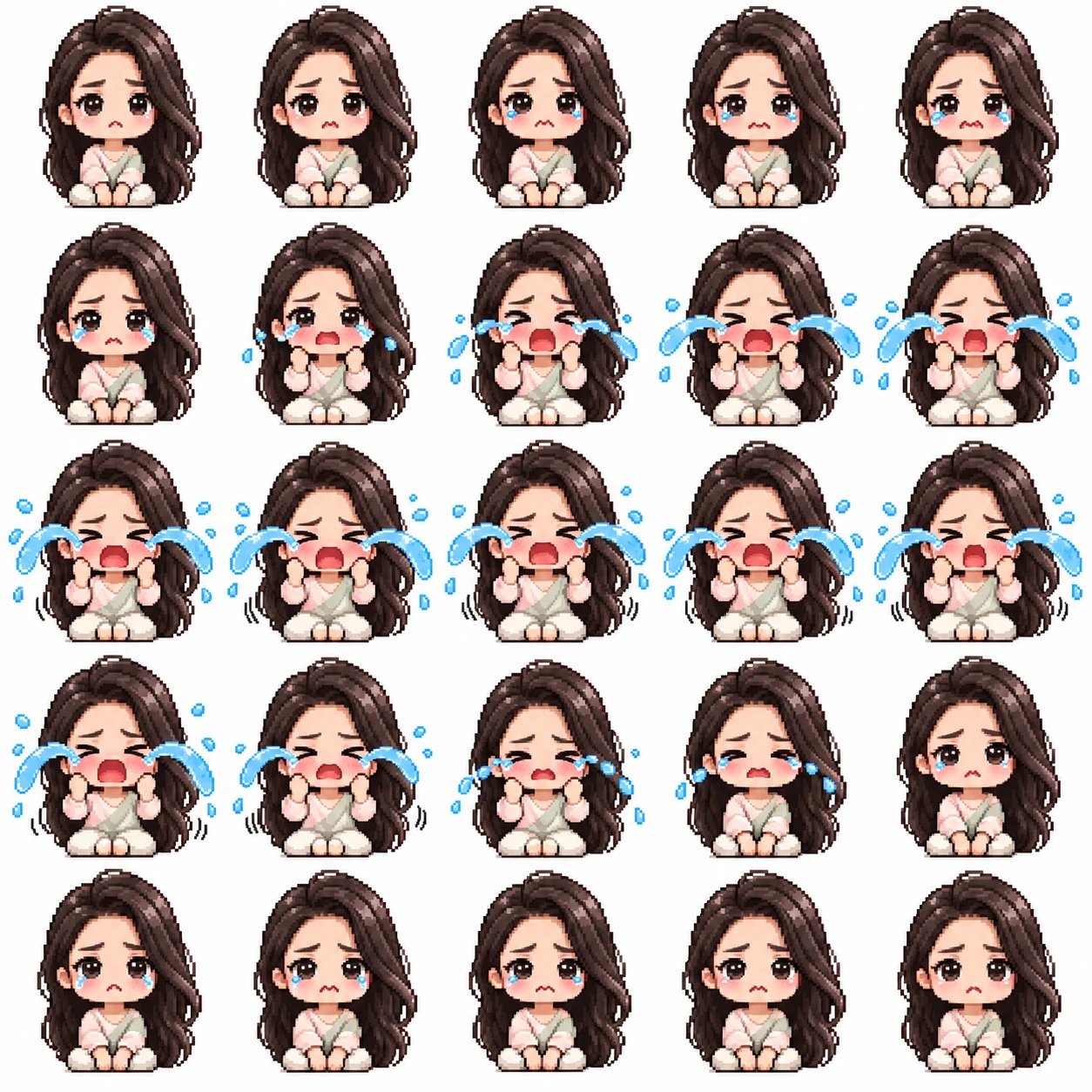 A 5 by 5 pixel-art sprite sheet of the same woman as a chibi, 25 frames from watery eyes to two streams of tears and back