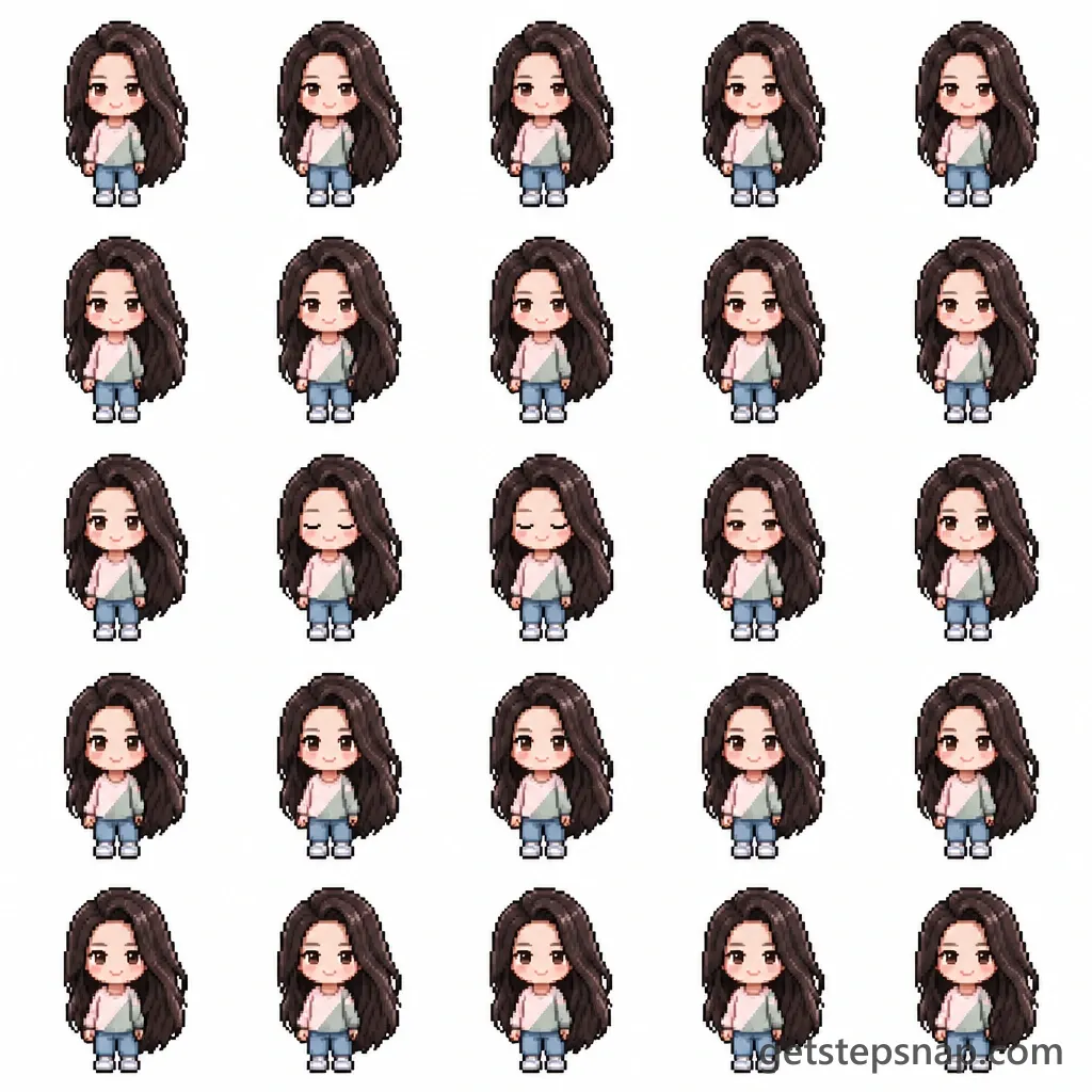 A 5 by 5 pixel-art sprite sheet of the same woman as a standing chibi, breathing and blinking once in the middle row