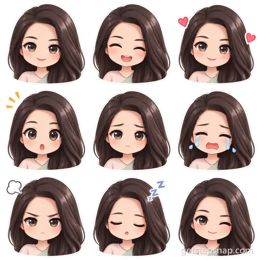 Nine chibi emotes of the same woman in a 3 by 3 sheet: happy, laughing, love, surprised, sad, crying, angry, sleepy and a wink
