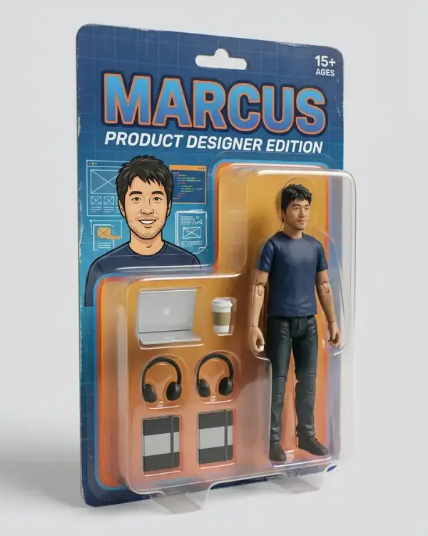 A man turned into a boxed action figure with accessories