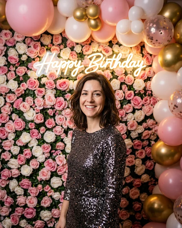 A woman in a sequined dress in front of a wall of roses under a neon sign that says Happy Birthday