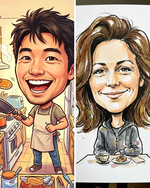 Two AI caricatures: a man flipping pancakes in a tiny kitchen and a woman in marker and watercolor