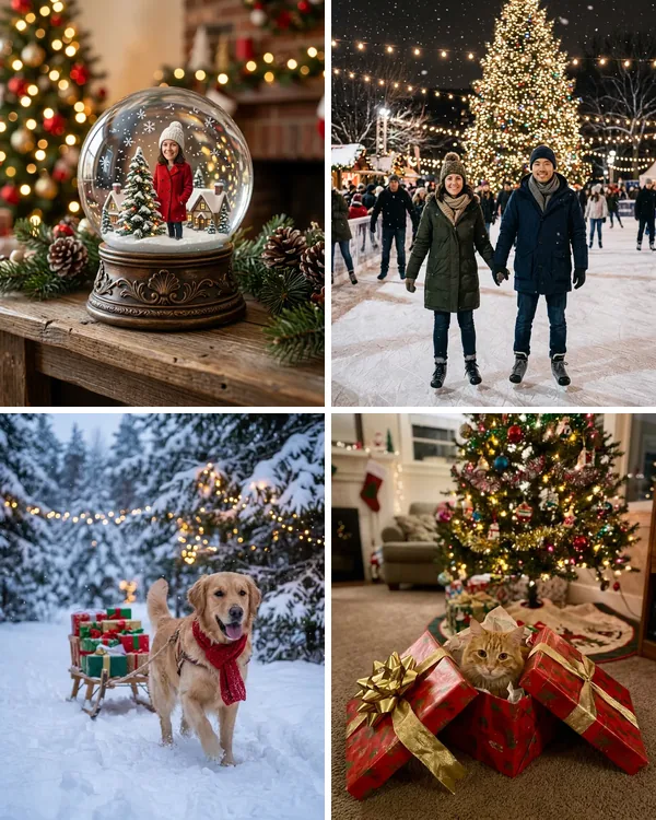 Four AI Christmas photos: a woman inside a snow globe, a couple skating under a giant tree, a golden retriever pulling a sleigh of presents and a cat in a gift box