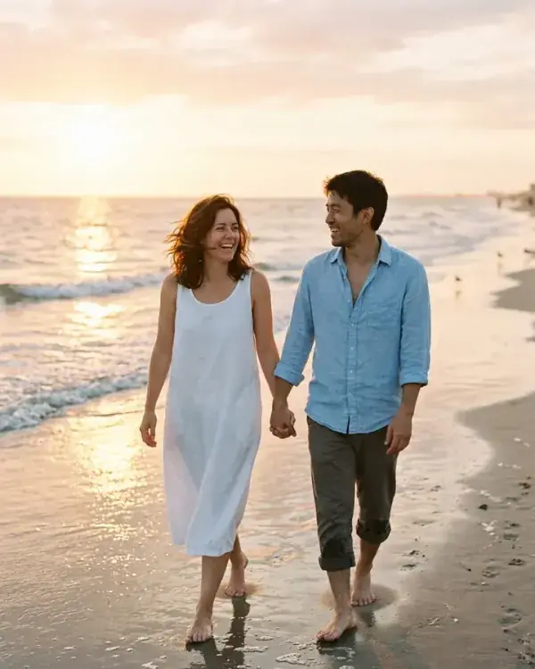 A couple walking barefoot on a beach at golden hour, made from two separate photos