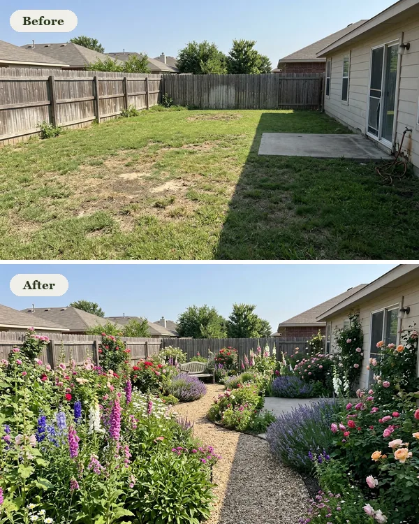 Before and after: a bare backyard lawn, and the same backyard as a cottage garden full of flowers
