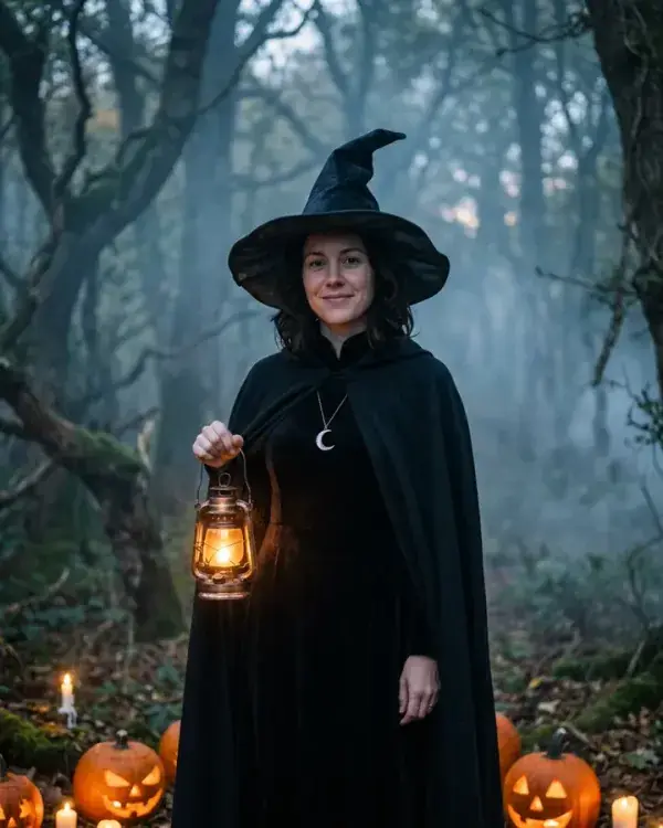 A woman dressed as a witch with a lantern in a misty forest with carved pumpkins