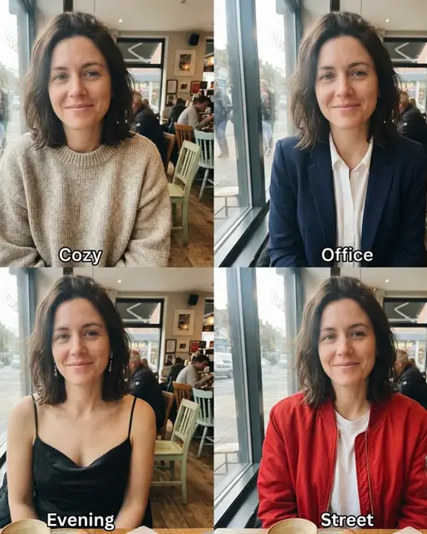 A woman shown in a knit sweater, a navy blazer, a black satin dress and a red bomber jacket in a labeled grid