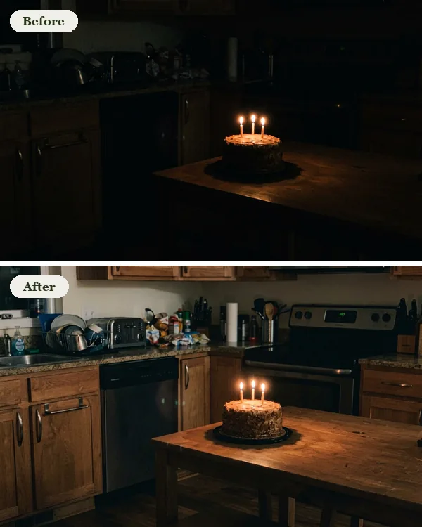 Before and after: a birthday cake with lit candles in a nearly black kitchen, and the same photo brightened