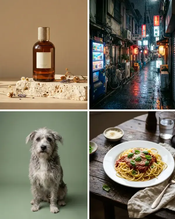 Four AI photos: an amber perfume bottle on stone, a rainy Tokyo alley at night, a terrier in a studio portrait and a plate of spaghetti