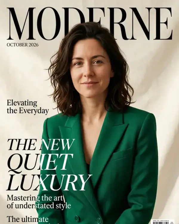 A magazine cover portrait of a woman in a green blazer