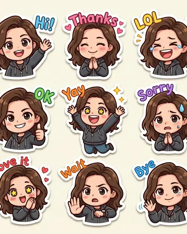 A pack of chibi stickers of a woman with words like Hi!, Thanks and LOL