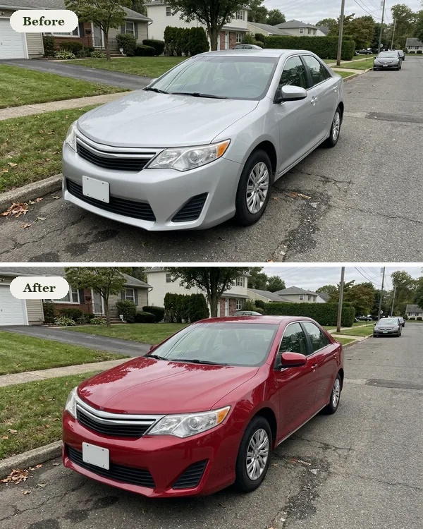 Before and after: a silver sedan on a suburban street, and the same car painted glossy red