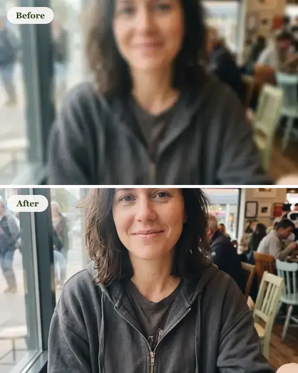 Before and after: a blurry selfie and the same selfie made sharp