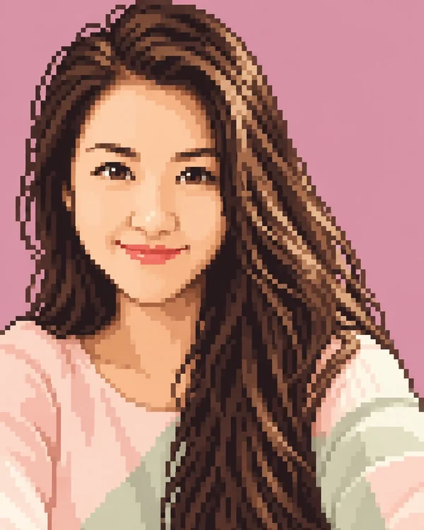 A selfie redrawn as 16-bit RPG pixel art: a woman with long dark hair on a plain pink background