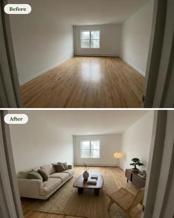 Before and after: an empty room and the same room furnished in Japandi style
