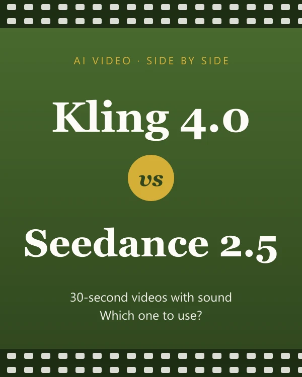 A green card between two film strips that reads Kling 4.0 vs Seedance 2.5: 30-second videos with sound, which one to use?