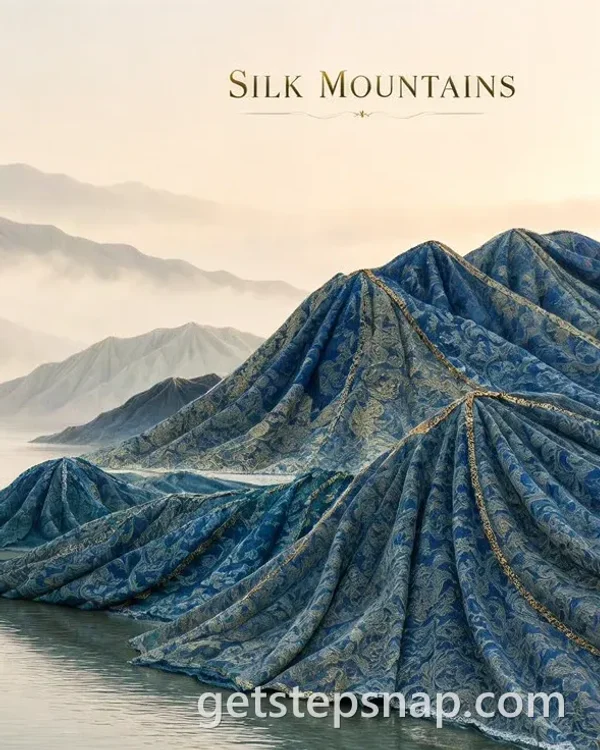A MOSS Image result: mountains of folded blue silk brocade under the title SILK MOUNTAINS