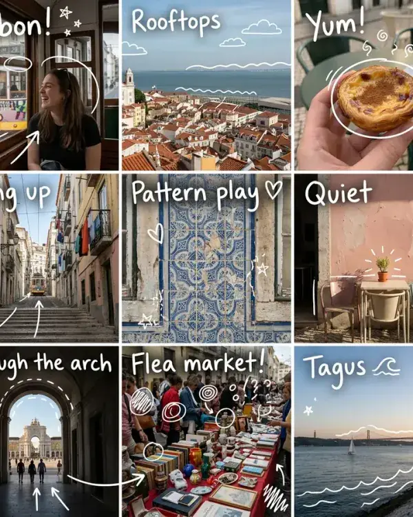 A 3x3 Lisbon photo dump collage with white hand-drawn doodles