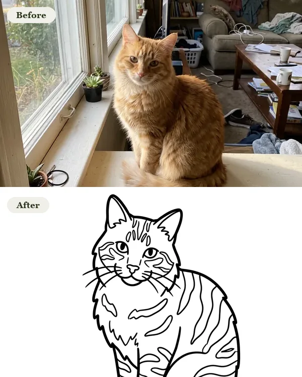 Before and after: an orange tabby cat by a window, and the same cat as a coloring page in thick black outlines