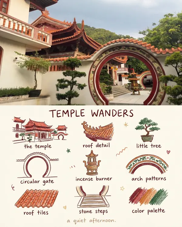 A temple courtyard photo above a page of crayon doodles of the gate, the incense burner and the roof tiles