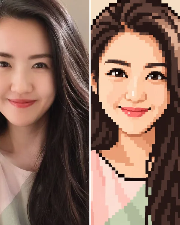 A selfie of a woman with long dark hair on the left, and the same face as a pixel avatar on the right