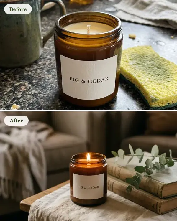 Before and after: a candle on a messy kitchen counter and the same candle lit in a cozy room