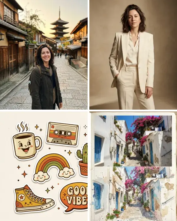 Four results from the prompt library: a golden-hour travel photo, a magazine editorial, a retro sticker sheet and a watercolor journal