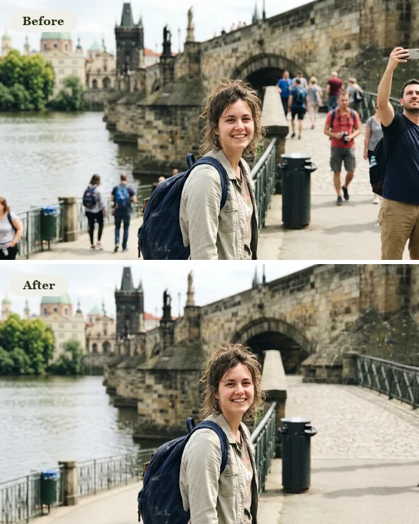 Before and after: a woman on a stone bridge full of tourists, and the same photo with everyone else removed