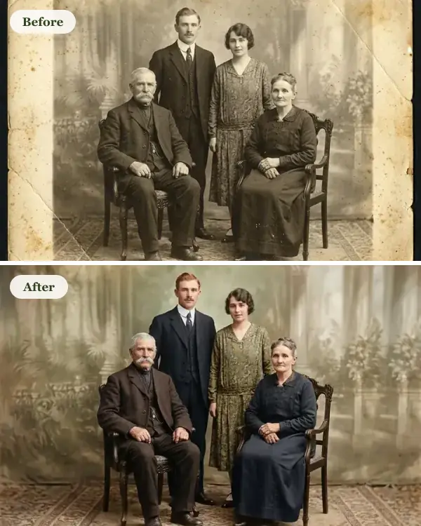 Before and after: a faded 1920s family portrait and the same portrait restored in color