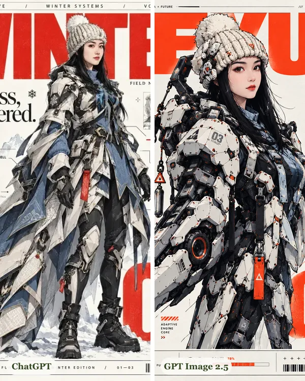The same selfie and poster prompt in ChatGPT and in GPT Image 2.5 Flare: a woman in a knit beanie in winter armor, and in mecha armor