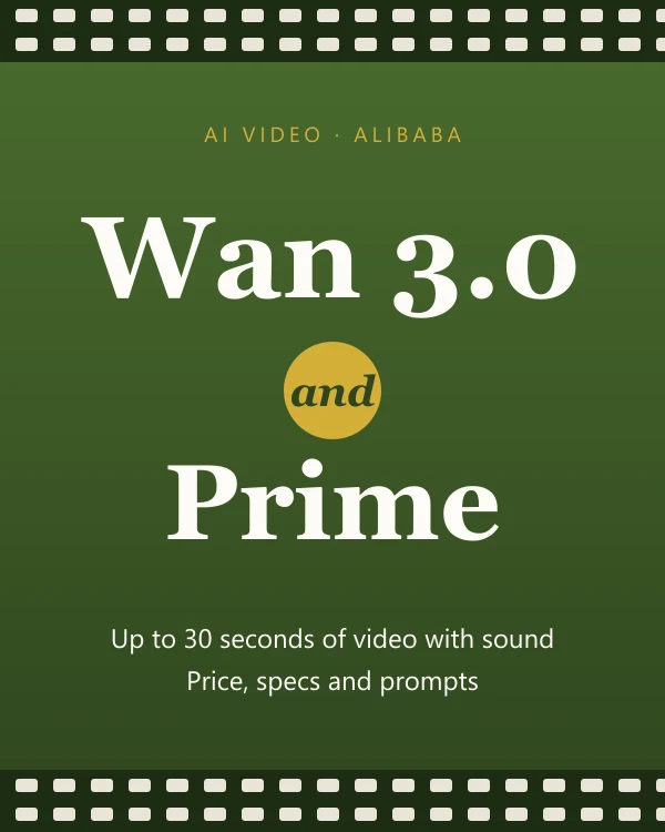 A green card between two film strips that reads Wan 3.0 and Prime: up to 30 seconds of video with sound, price, specs and prompts