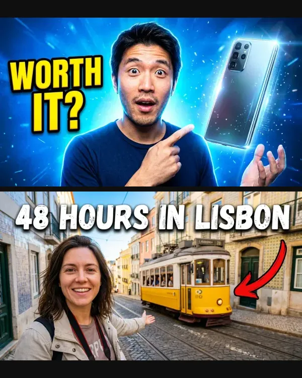 Two YouTube thumbnails: a man pointing at a phone with WORTH IT? and a woman in Lisbon with 48 HOURS IN LISBON