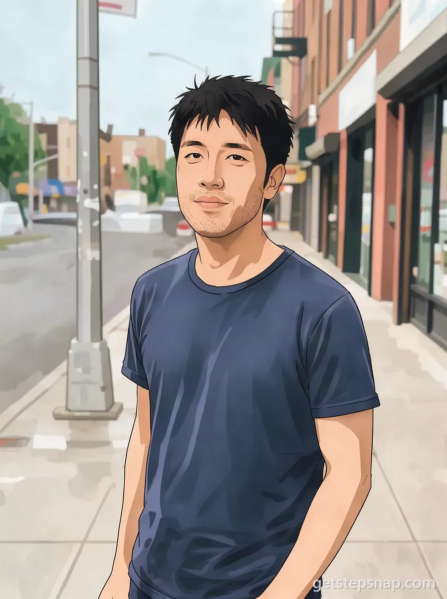 The same man drawn as an anime illustration, same hair, T-shirt and street