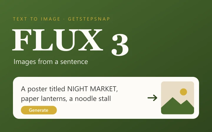 A FLUX 3 title card: a prompt box with the sentence A poster titled NIGHT MARKET, paper lanterns, a noodle stall, and a Generate button