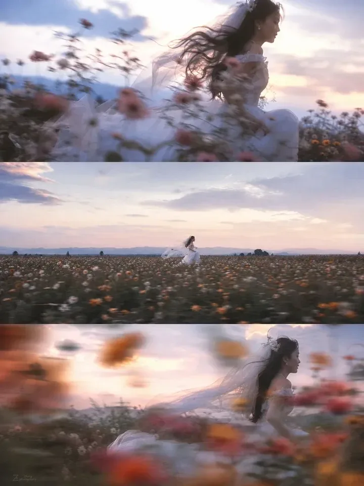Three stacked frames of a bride running through a field of orange and white flowers under a pink dusk sky, close, far and close again with blurred flowers in front