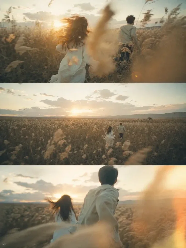 Three stacked film-style frames of a couple running through a golden reed field at sunset: close behind them, far away in the field, and close again with blurred reeds sweeping past