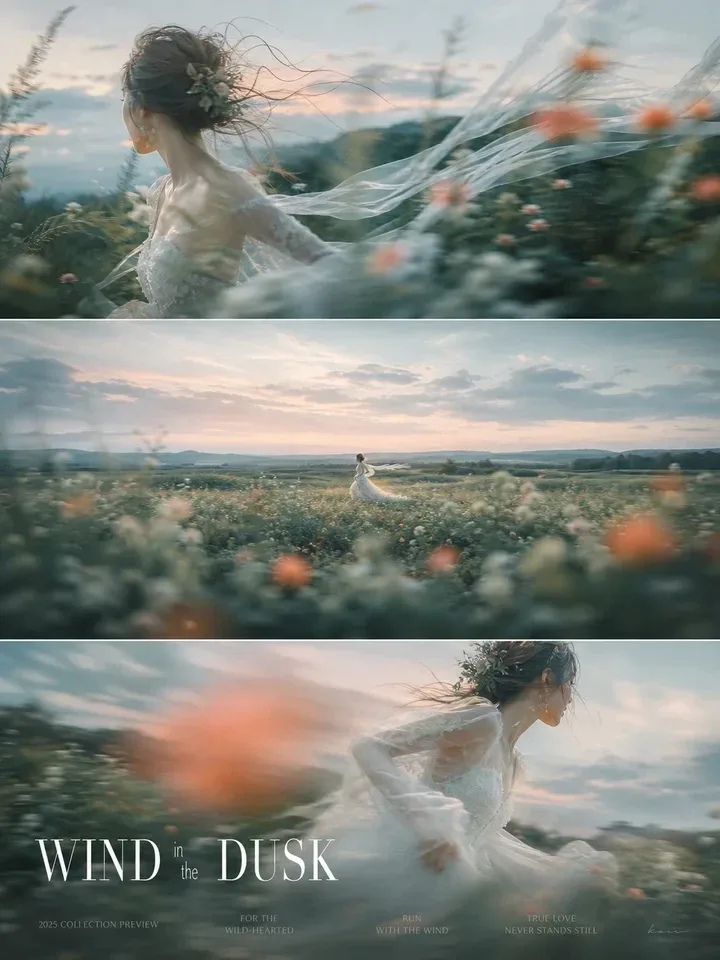 Three stacked frames of a bride in a lace dress and veil running through a field of coral and cream flowers at dusk, with the title WIND in the DUSK across the bottom left