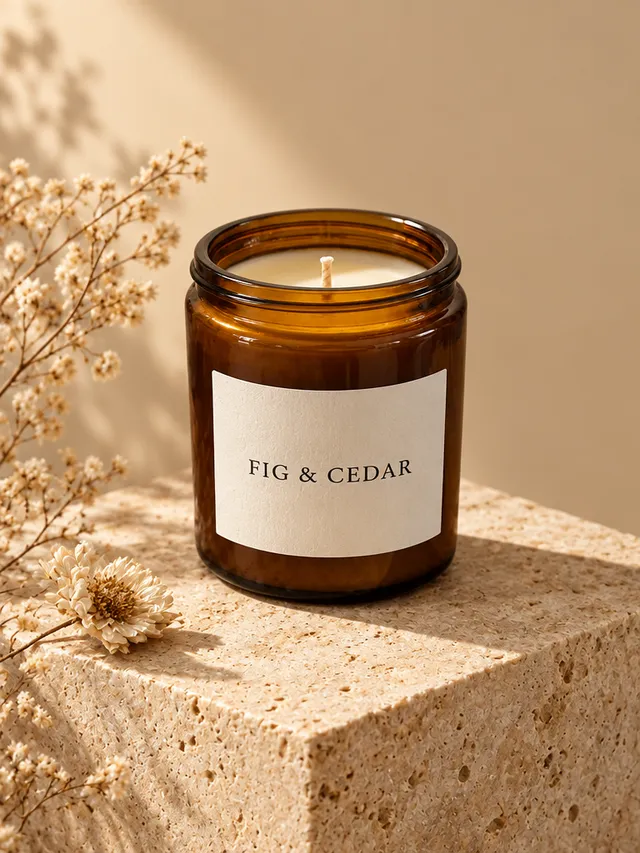 GPT Image 2.5 Flare: the candle as a studio product photo on a stone pedestal
