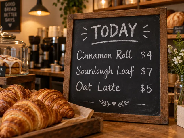 GPT Image 2.5 Flare: a bakery chalkboard menu reading Today, Cinnamon Roll $4, Sourdough Loaf $7, Oat Latte $5