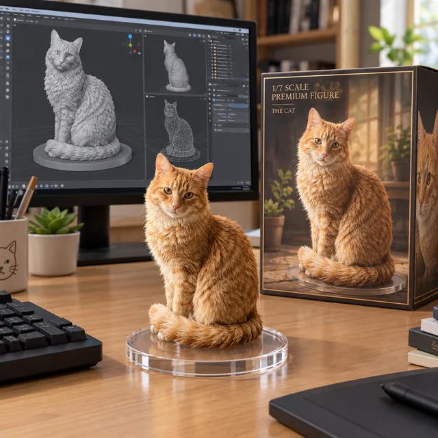 GPT Image 2.5 Flare: the cat as a collectible figure on a desk with its toy box