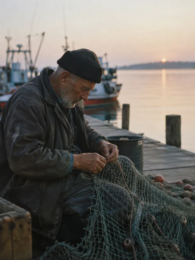 GPT Image 2.5 Flare: a photo of an elderly fisherman mending a net on a wooden dock at dawn