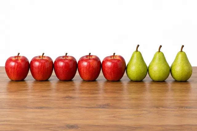 GPT Image 2.5 Flare: red apples and green pears in a row on a wooden table