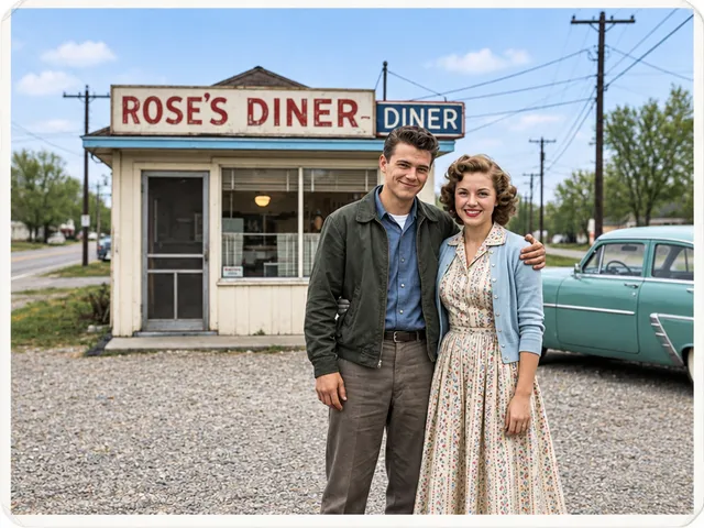 GPT Image 2.5 Flare: the old photo restored and colorized: a couple in front of Rose's Diner